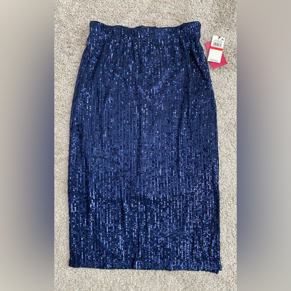 Vince Camuto Navy Blue Sequin Pencil Skirt Elastic Waist size XS/S NWT MSRP $69